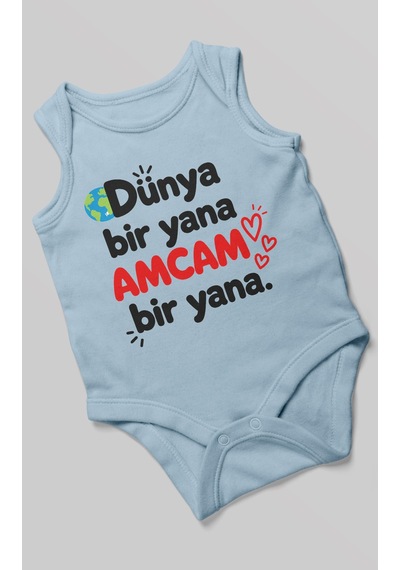 Morivokids Dünya Bir Yana, Amcam Bir Yana Sıfır Kollu Bebek Zıbını %100 Pamuk Bebe Mavisi
