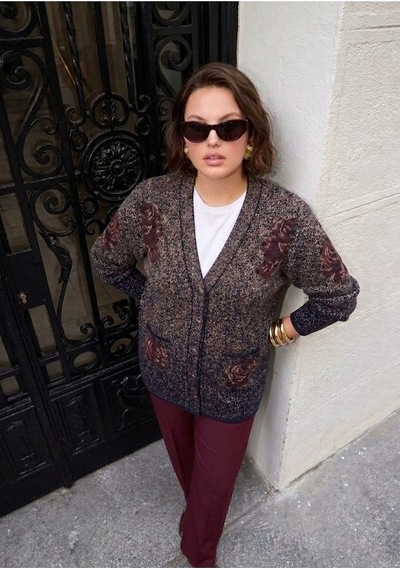 Onno Style Women Karyağdı Gül Desenli Çelik Örgü Triko Kadın Ceket Lacivert