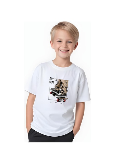 Fyk Kids Erkek Çocuk Yuvarlak Yaka Skate Out Baskılı T-shirt Beyaz