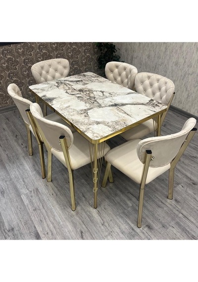 80-120 Ck Gold Mutfak Masası Takımları , 6 Kişilik Mutfak Masası Takımı Beyaz Mermer 80-120 Ck Gold Mutfak Masası Takımları , 6 Kişilik Mutfak Masası Takımı Beyaz Mermer