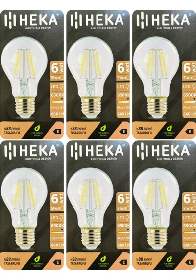 6 Adet Heka 6w 51w 6500k Beyaz Işık E27 Duylu Kalın Duy Led Şeffaf Ampul