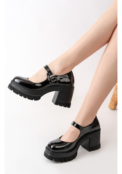Asmi Shoes Tek Baletli Neon 8 Cm Topuklu Platformlu Loafer Ayakkabı Siyah Rugan Siyah