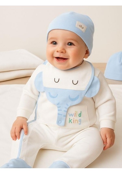 Zekids 3 Lü Organik Bebek Fil Desenli Tulum Seti-16185 Çok Renkli