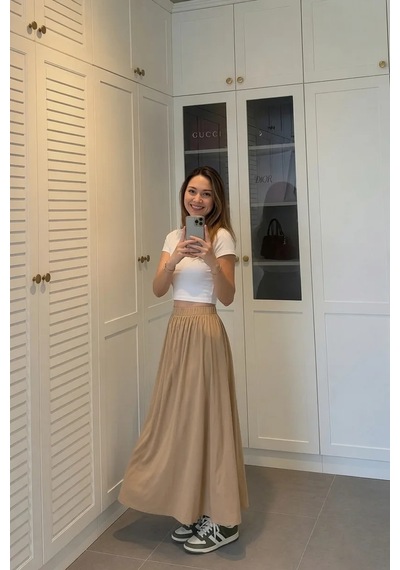 Kadın Bej Poplin Kumaş Uzun Etek Beli Lastikli Günlük Maxi Etek 90 Cm