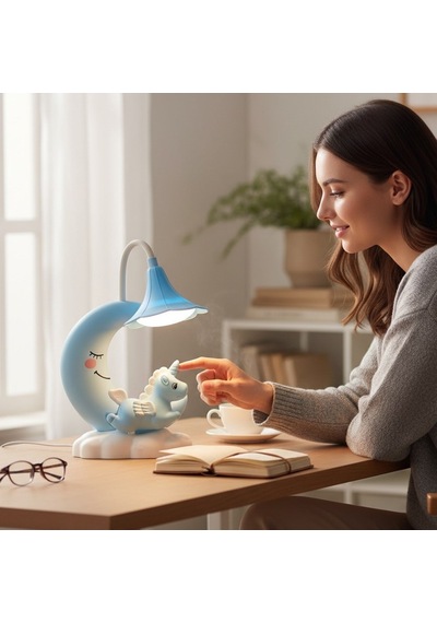 Ay Ve Unicorn Tasarımlı Sevimli Şarjlı Masa Lambası Mavi