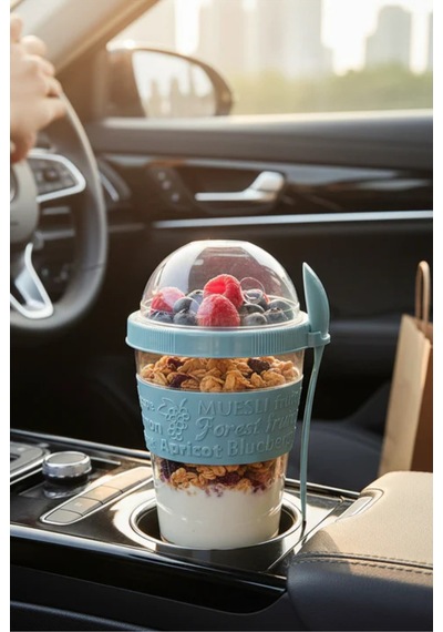 Pembe Take N Go Kaşıklı Hazneli Meyveli Yoğurt Kabı Piknik Iş Atıştırmalık Müsli Granola Süt Bardak