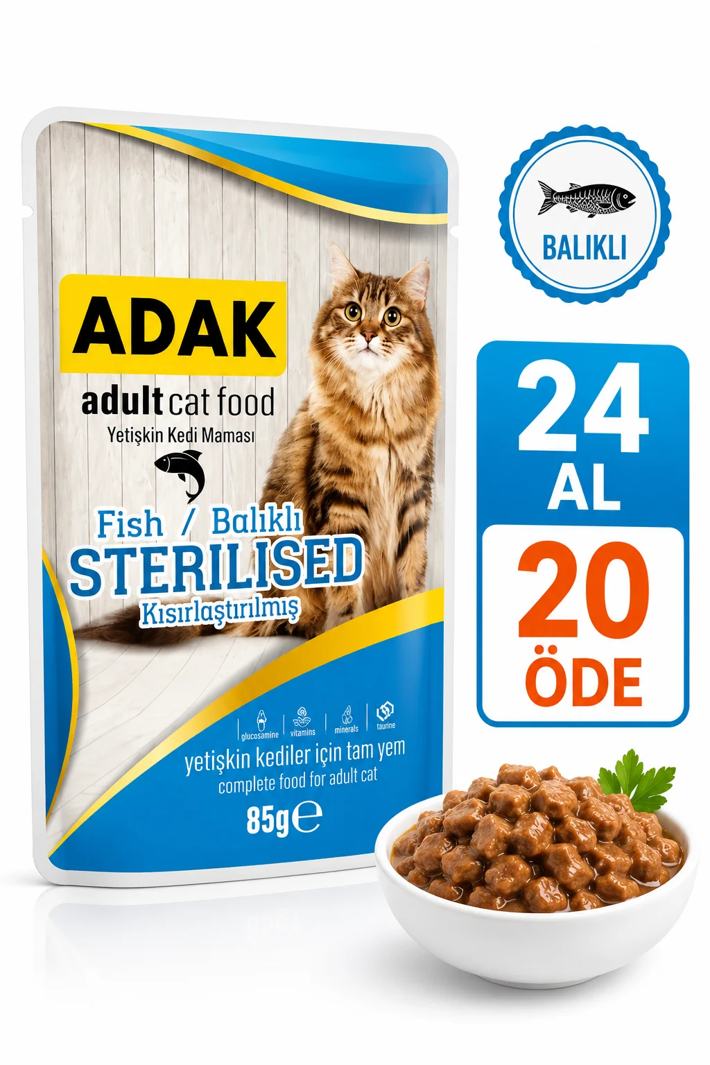 Adak Sterilised Kısırlaştırılmış Yetişkin Kedi Yaş Mama Pouch Balıklı 85 Gr X 24 Adet 24 Al 20 Öde