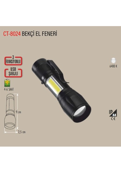 Cata Ct-8024 Şarj Edilebilir Led El Feneri 3 Fonksiyonlu 6400k Beyaz Işık Siyah