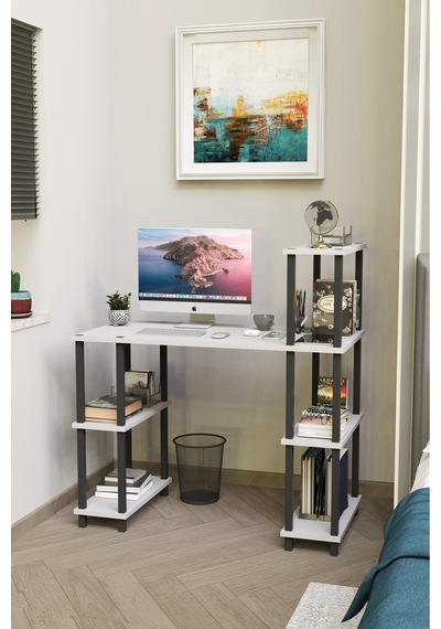 Toren Çok Raflı Çalışma Masası Bilgisayar Masası Ofis Ve Ev Çalışma Masası Beyaz