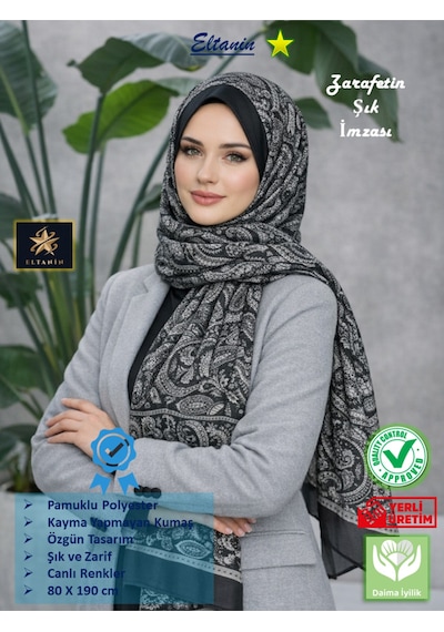 Eyfel Pamuklu Soft Özel Seri Şal Etnik & Çiçekli Desen, Orjinal, Tesettür Giyim, Yeni Koleksiyon Siyah - Gri