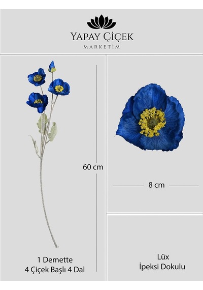 Mavi Yapay Gelincik Çiçeği 4 Dallı Lüx İpeksi Dokulu 60 Cm