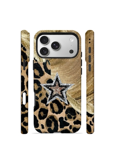 Velvoria Valestra Altın Leopar Yıldız Apple iPhone Uyumlu 17 Pro Darbe Korumalı Kılıf Valestra Select - Altın Leopar Yıldız