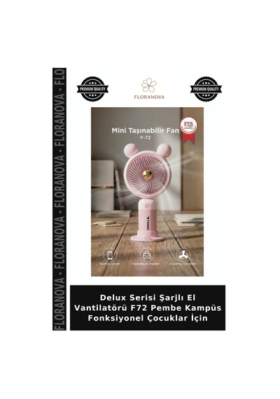 Delux Serisi Şarjlı El Vantilatörü F72 Pembe Kampüs Fonksiyonel Çocuklar İçin
