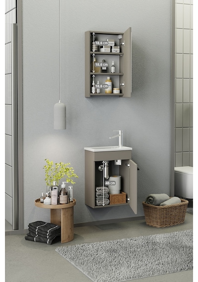 Biani Fix Loft Mini 42 Cm Banyo Dolabı,Seramik Lavabolu, Aynalı,Lavabo Dahil,Mdf,Latte Biani Fix Loft Mini 42 Cm Banyo Dolabı,Seramik Lavabolu, Aynalı,Lavabo Dahil,Mdf,Latte