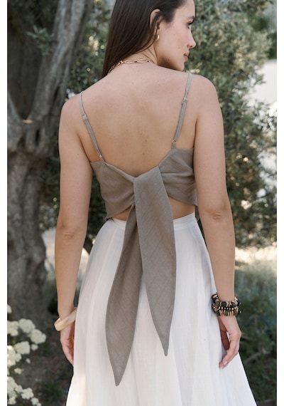 Mai Collection Mai Studios Co. Kita Üçgen Detay Çizgili Haki Keten Crop Haki
