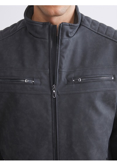 Lcwaıkıkı Classic Gri Biker Yaka Deri Görünümlü Erkek Ceket