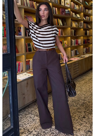 Madmext Kahverengi Yüksek Bel Keten Wide Leg Pantolon Mg2718