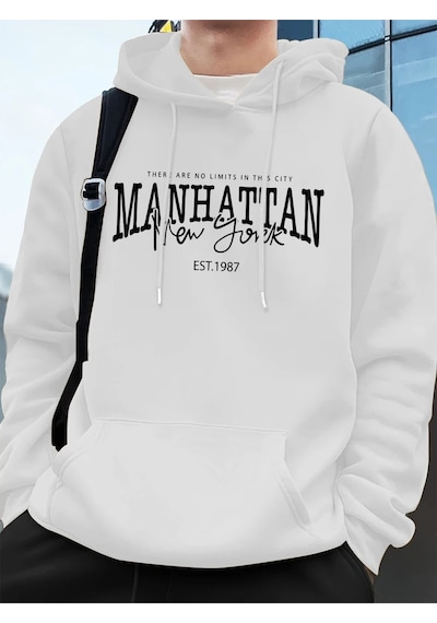 Startmore Manhattan New York Kelimeler Baskılı Erkek Kapüşonlu Üstleri Sonbahar Bol Sweatshirt Hip Hop Beyaz