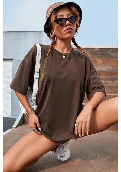 Unisex Yazı Kalp Baskılı Oversize Tshirt Kahverengi