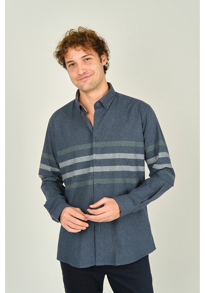 Megaldi Erkek Slim Fit İnce Blok Desenli Pamuklu Uzun Kol Gömlek 1100 İndigo Yeşil İndigo Yeşil İndigo