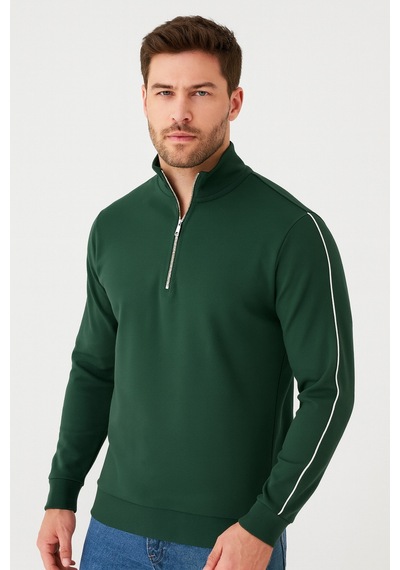 We&me Regular Fit Yarım Fermuarlı Dik Yaka Basic Sweatshirt Yeşil