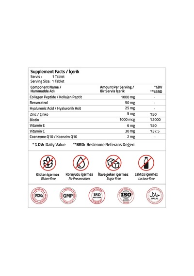 Collagen 1000 Mg + Resveratrol + Hyaluronic Acid 30 Tablets
