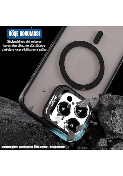 Apple iPhone 17 İle Uyumlu Magsafe Wireless Şarj Özellikli Kamera Standlı Lüks Mat Silikon Kılıf Lens Koruyucu Diğer