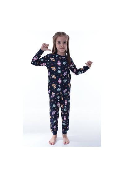 Unisex Çocuk Baskılı Pamuklu Pijama Takımı Rahat, Nefes Alan, Yumuşak Kumaşlı Uyku Takımı Lacivert