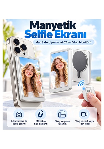 4.02 İnç Manyetik Selfie Ekranı Vlog Monitörü, Kablosuz Görüntü Aktarımı Ve Bluetooth Uzaktan Kumanda