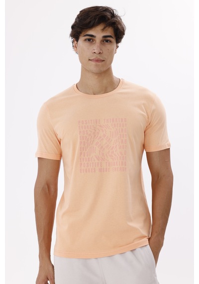 Rowinger Bisiklet Yaka Kabartma Yazı Baskılı Yumuşak Dokulu Rahat Kalıp Kısa Kollu Tişört Salmon Somon
