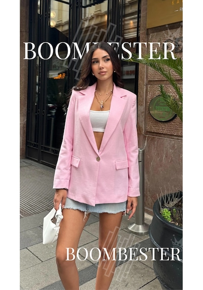 Boombester Kadın Flam Keten Astarlı Blazer Ceket Çizgili Astar Detay Rahat Kalıp İnce Ceket Pembe Boombester Kadın Flam Keten Astarlı Blazer Ceket Çizgili Astar Detay Rahat Kalıp İnce Ceket Pembe