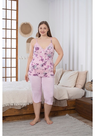 Büyük Beden Likralı Penye Kapri Pijama Takımı Pembe Büyük Beden Likralı Penye Kapri Pijama Takımı Pembe