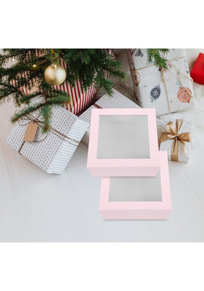2 Adet Pencereli Hediye Kutusu,şeffaf Pvc Pencereli Pembe Renkli 22x22x7,5
