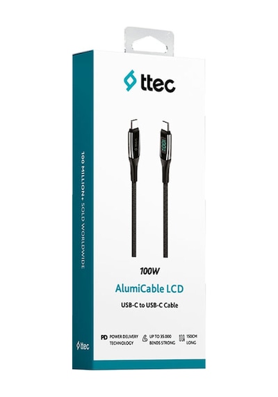 Ttec 2DK57S Alumicable Lcd USB-C – USB-C 100W PD/Qc 150 CM Hızlı Şarj/Data Kablosu Siyah