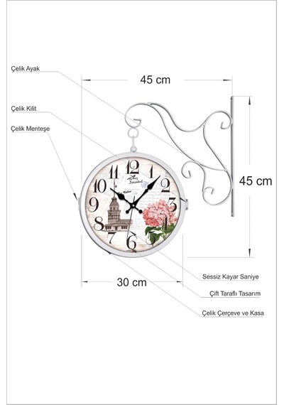 Büyük Beyaz 45 Cm Çift İki Taraflı Yönlü Yatay Kapaklı Camlı Çelik Metal Sessiz İstasyon Duvar Saati Diğer