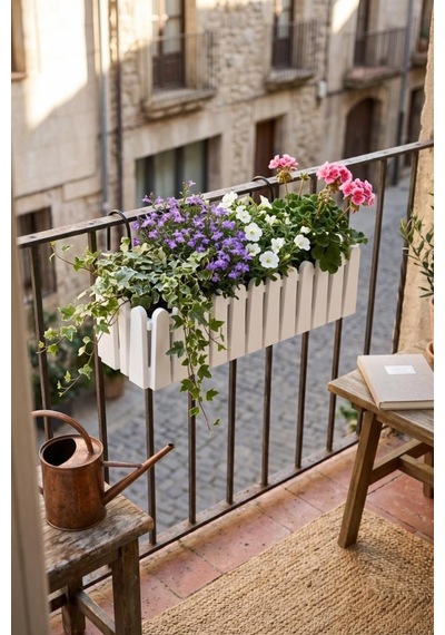 Balkon Saksısı Çit Saksı Beyaz Renk Metal Askı Aparatlı Dekoratif Balkon Saksı 9lt 53cm İb02