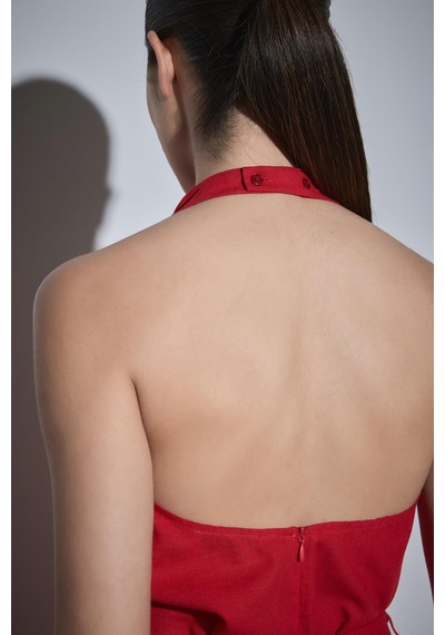 Suud Collection Kırmızı Gabriel Halter Yaka Keten Bluz