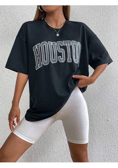 Startmore Kadın Beyaz Houston Baskılı Oversize T-shirt Siyah