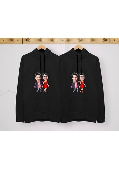 Bk Gift Kişiye Özel Sevgililer Karikatürlü İkili Siyah Sweatshirt Seti, Sevgililer Hediye, Çift Hediyesi, Yıl Dönümü Hediyesi, Kişiye Özel Sweatshirt-4