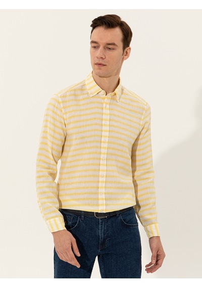 Cacharel Sarı Keten Karışımlı Slim Fit Uzun Kollu Gömlek