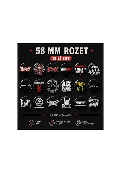 Mashspot 18'li Rock Metal Rozet Seti Rammstein Metallica Nirvana Slipknot Ve Rock Grubu Rozetleri Çok Renkli