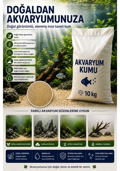 Doğal Akvaryum Kumu Açık Bej 10 Kg İnce Taneli Elenmiş Tozdan Arındırılmış Fırında Kurutulmuş