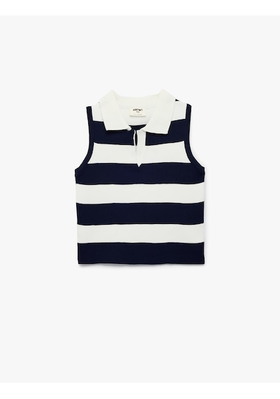 Koton Slim Fit Triko Kolsuz Polo Yaka Bluz Lacivert Çizgili 6skg90028ht