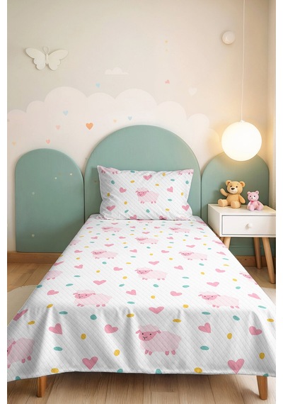 Evimde Bambaşka Kuzu Kalpli Pastel Pembe Kız Çocuk Pike Takımı-mint Sarı Sevimli Bebek Odası Yatak Örtüsü 160x220  CM