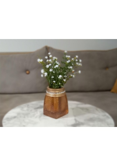 Vazoda Çiçek Dekoratif Beyaz Yapay Çiçek Vazo Dahil Taşlı Altın Poliresin 7 x 7 x 15 CM