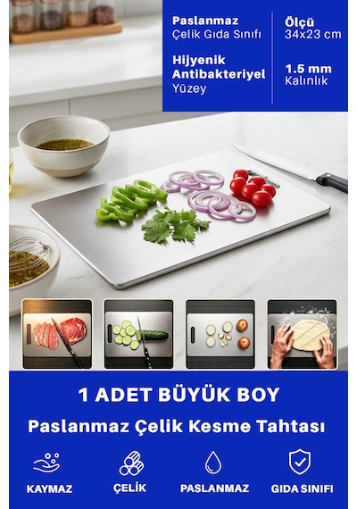 1 Adet Paslanmaz Çelik Büyük Boy Mutfak Kesme Tahtası Et Sebze Doğrama Tahtası Gümüş