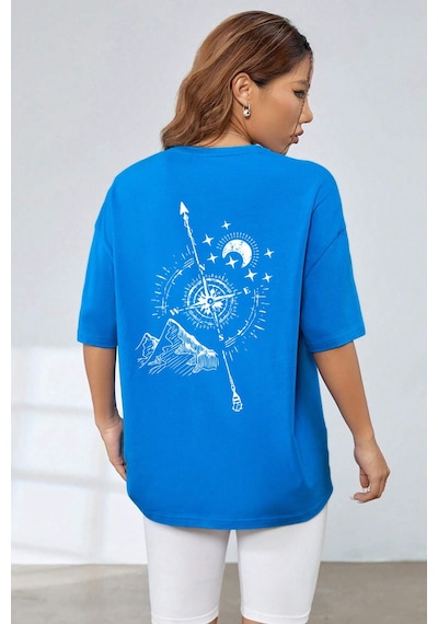 Unisex Pusula Baskılı T-shirt Mavi
