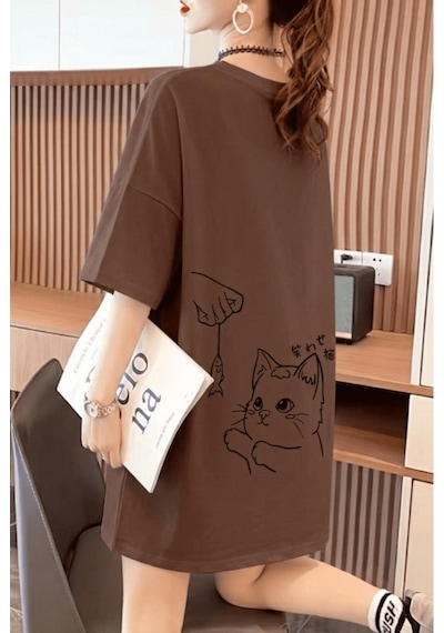 Fish And Cat Kadın Oversize Basic Bisiklet Yaka Pamuklu T-shirt Rahat Kesim Unisex Kahve
