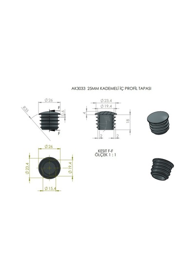 Cateksss 25 Mm Kademeli İç Profil Tapası Bombeli Siyah - 26 Lı Paket