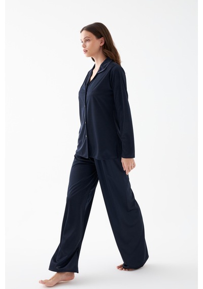 Akbeniz Kadın Lacivert Oversize Saten Pijama Takımı